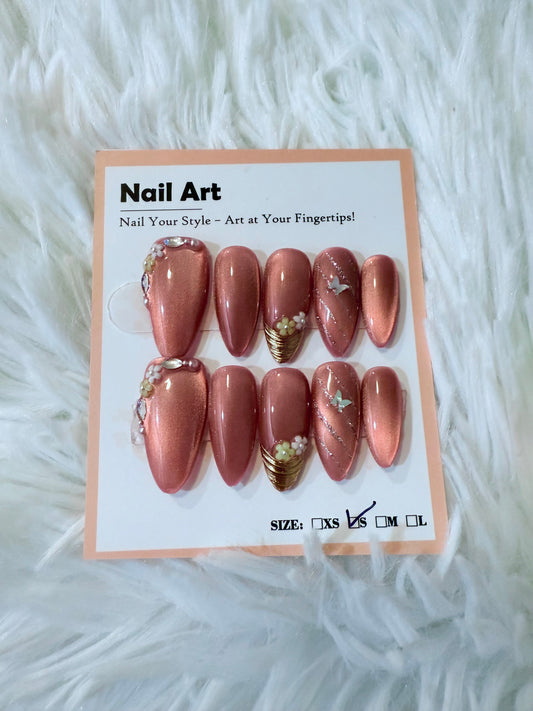 Rose Gold Cat Eye 3D Flower Stones Butterfly Almond (Small) Acrylic Style Press On Nails