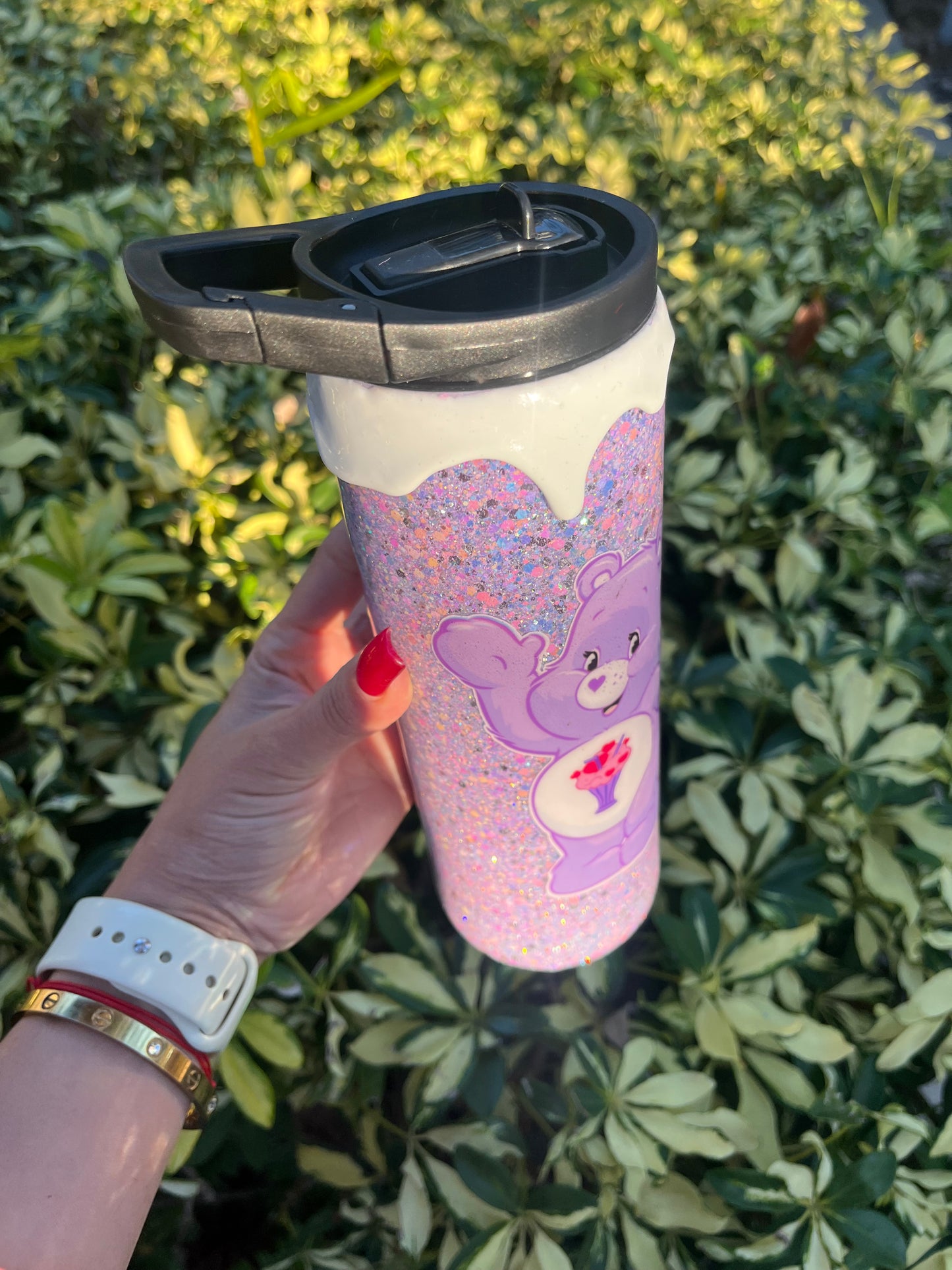 Purple Care Bear Glittered Tumbler