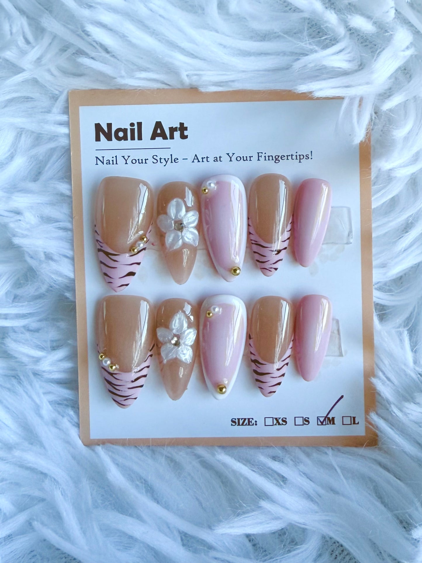 Pink Tip Tiger Lines 3D Rose Almond (Medium) Acrylic Style Press On Nails