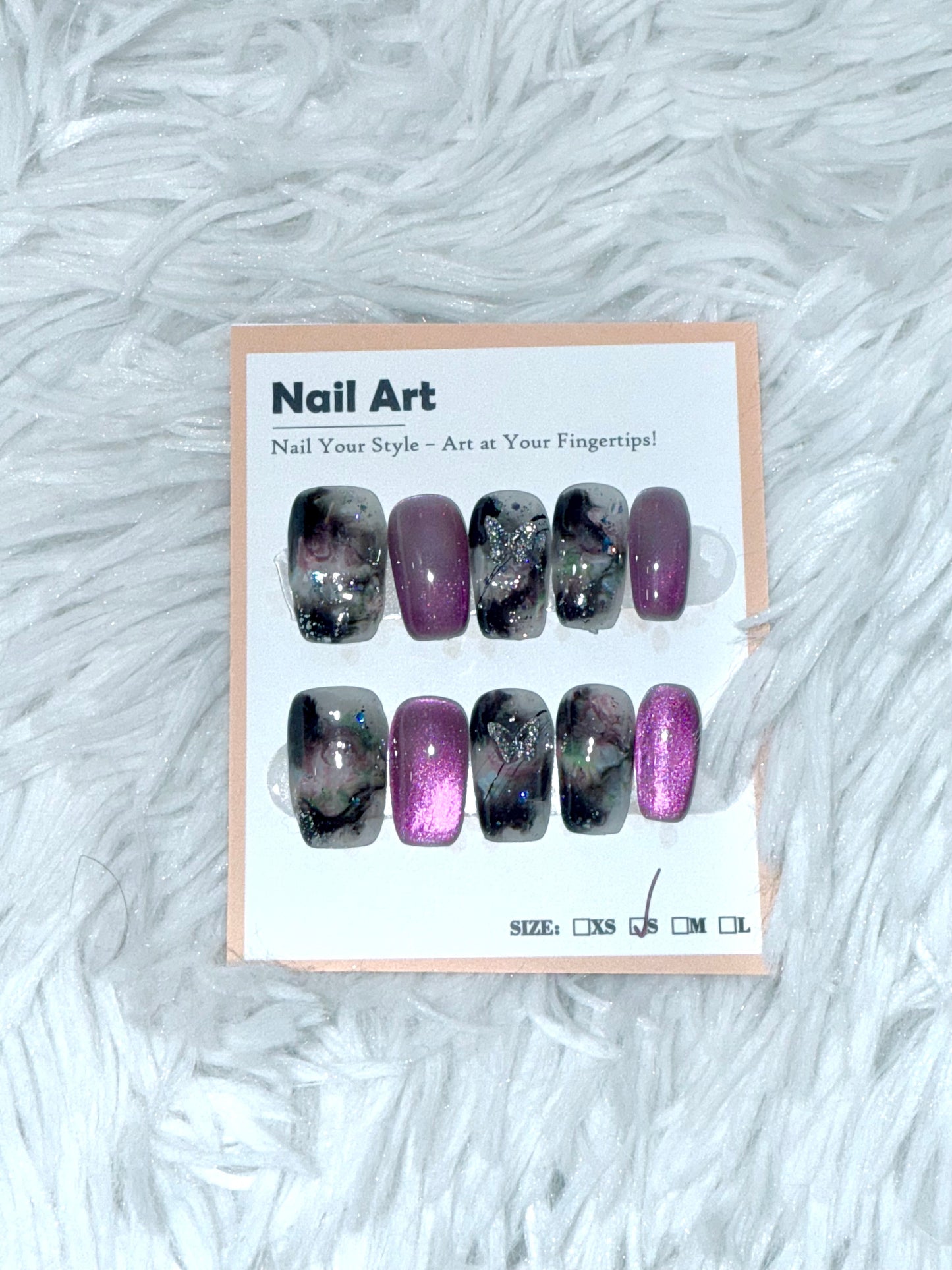 Cat Eye Purple Marble 3D Butterfly Coffin (Small) Acrylic Style Press On Nails