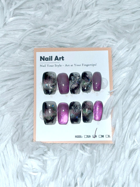 Cat Eye Purple Marble 3D Butterfly Coffin (Small) Acrylic Style Press On Nails