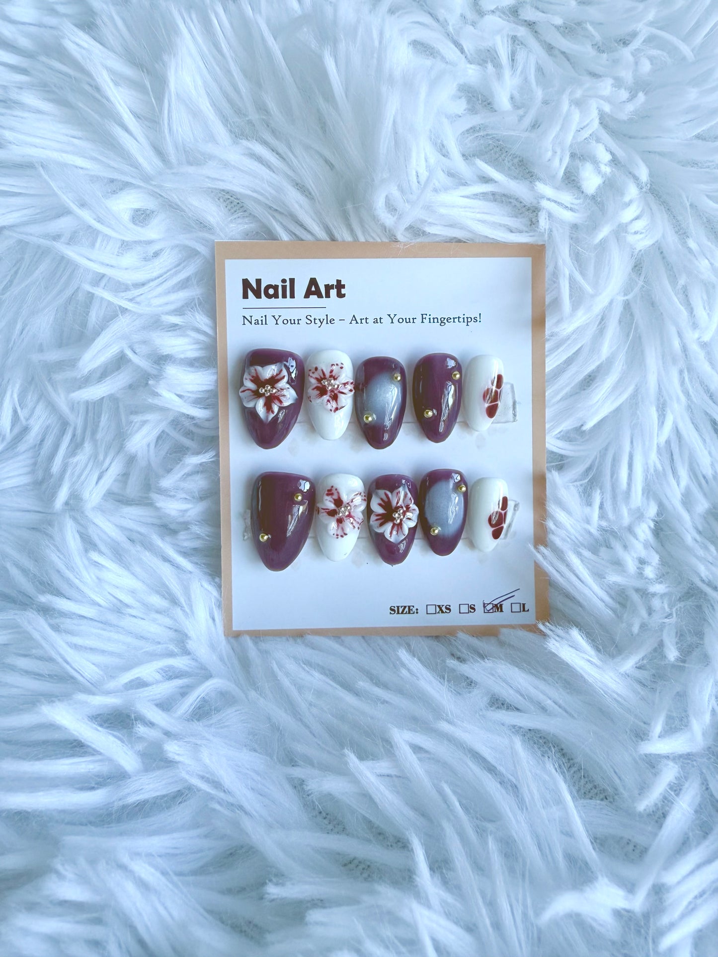 Burgundy/Maroon 3D Flower Almond (Medium) Acrylic Style Press On Nails