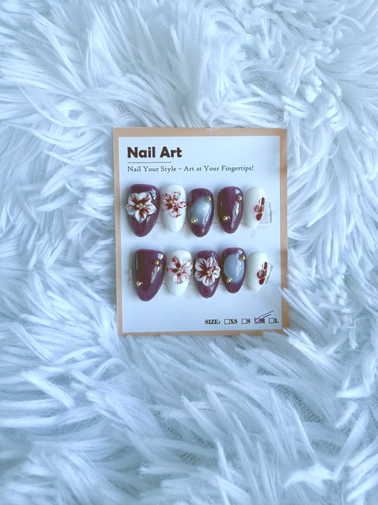 Burgundy/Maroon 3D Flower Almond (Medium) Acrylic Style Press On Nails