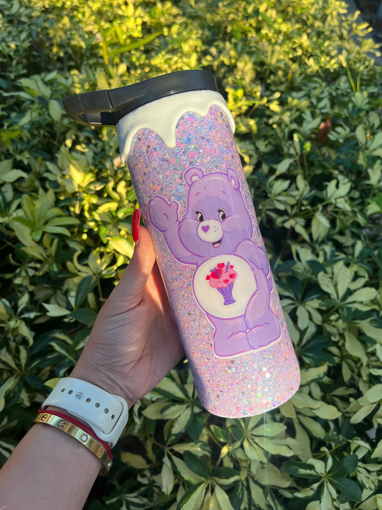 Purple Care Bear Glittered Tumbler