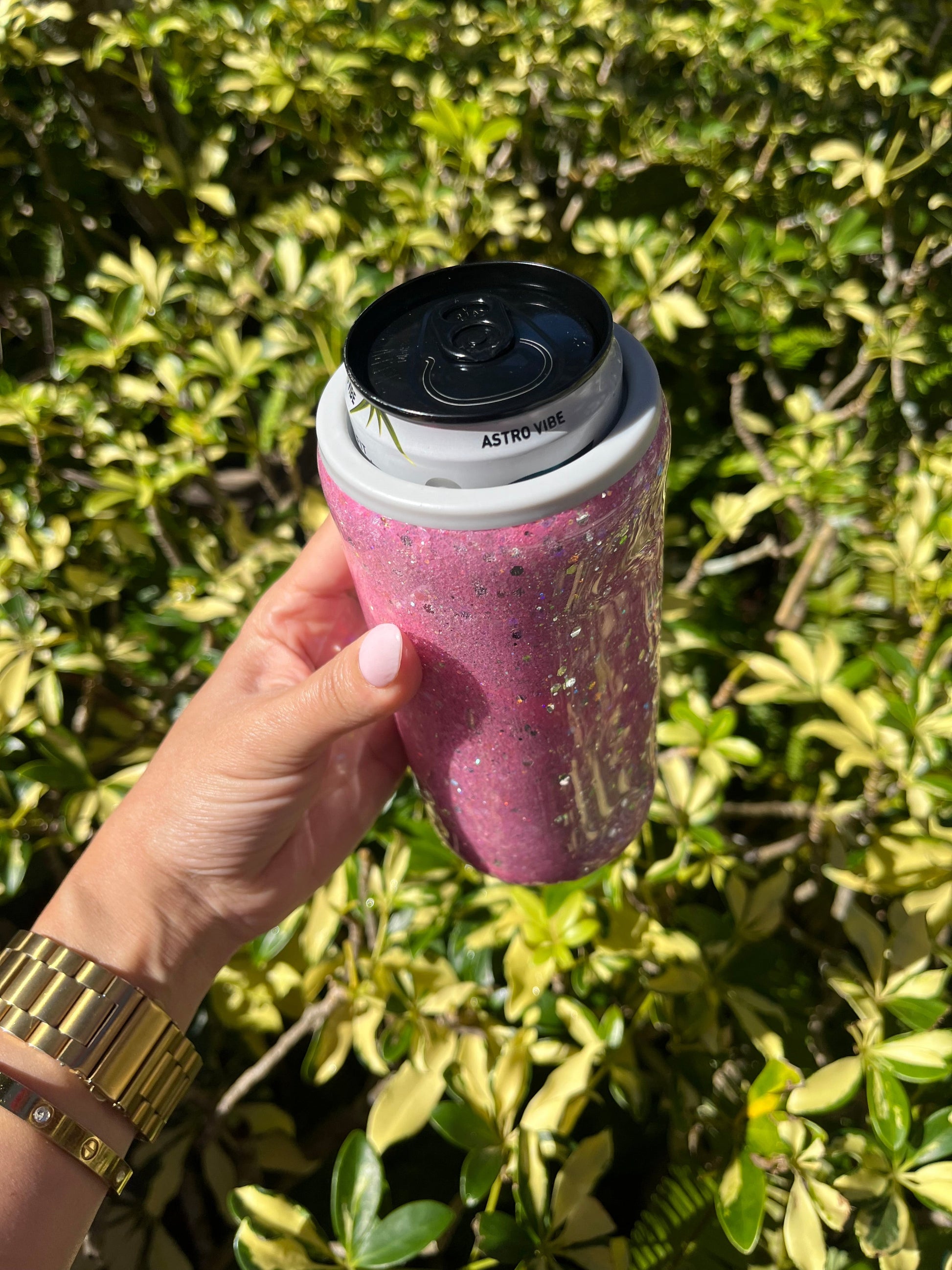 Pink Glow in Dark Glittered Skinny Can Cooler Stainless Steel Tumbler Personalize It By Belle 