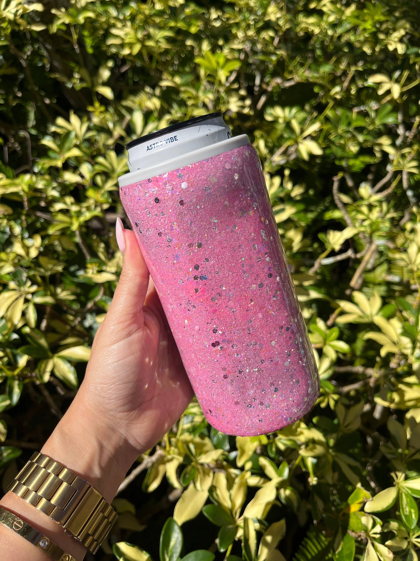 Pink Glow in Dark Glittered Skinny Can Cooler Stainless Steel Tumbler Personalize It By Belle 